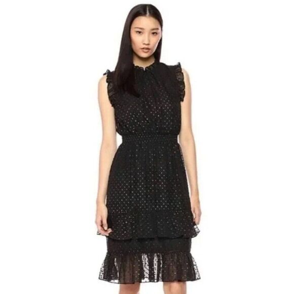 Avec Les Filles Other - AVEC LES FILLES Black Dress Women’s 14 Smocked Ruffle Metallic Dot Party Event